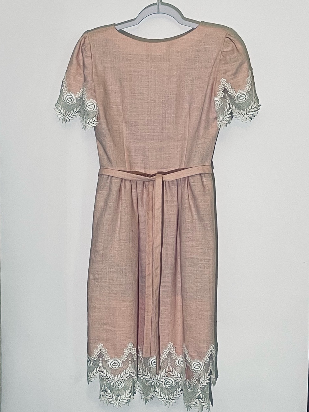Vtg William Pearson Pink Belted Linen Dress Floral Lace Details Pristine sz 6
